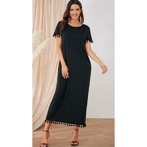 NWOT Shein black midi maxi dress M medium tassel trim comfy resortwear coastal